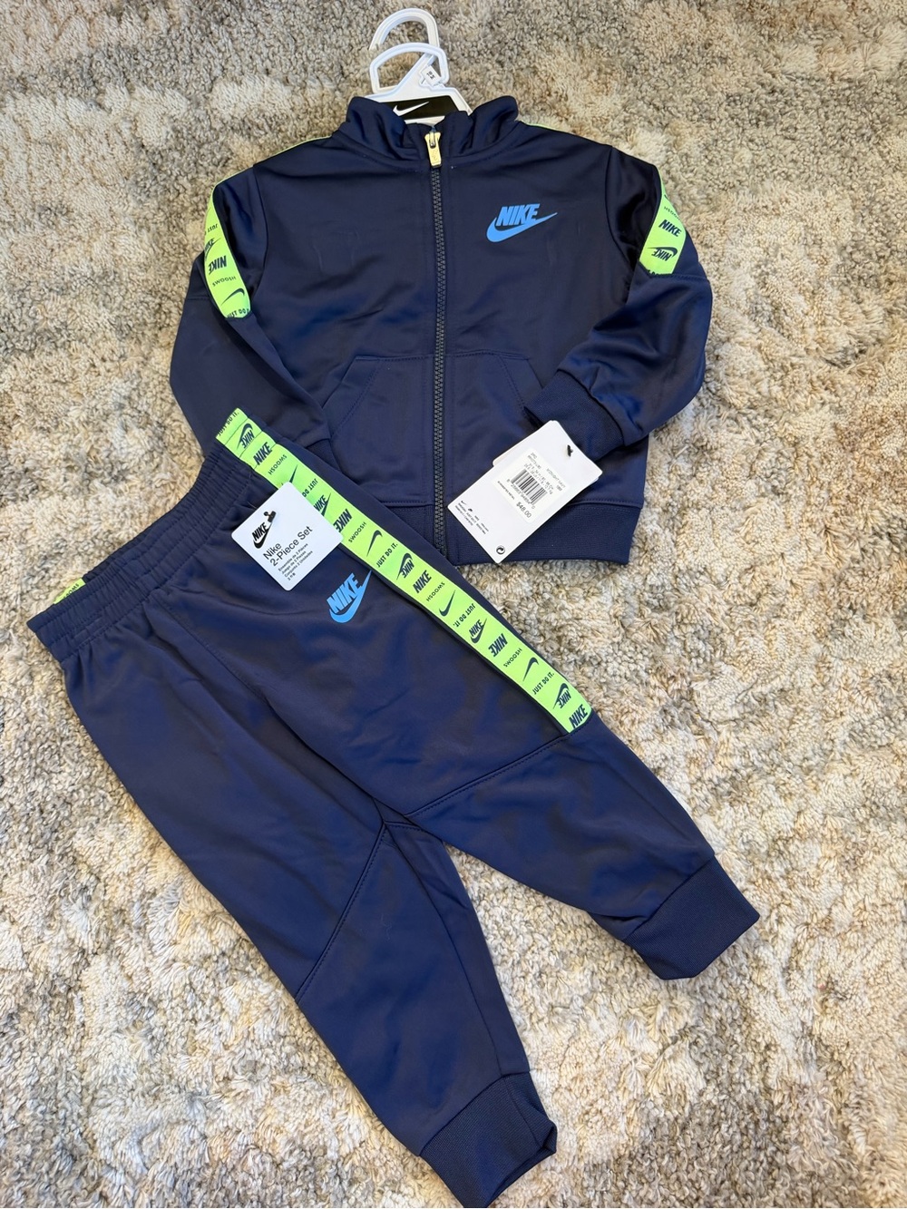 Nike Navy and Neon Green Kids Track Jacket & Joggers Set